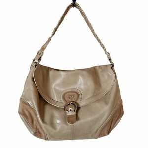 FRANCESCO BIASIA Leather Shoulder Bag Suede Trim Braided Handle Tan Camel GUC